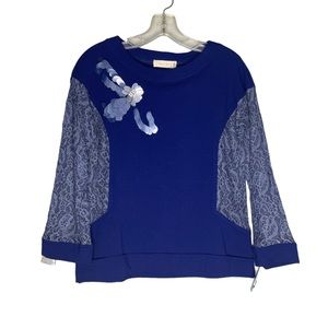 Aqua jeans top navy lace long sleeve cotton blouse size S